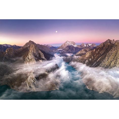 Papier peint panoramique montagne violet & bleu | Tapisserie panoramique chambre avec montagne | Papier peint panoramique paysage idéal couloir - 384 X 260 cm (8 pièces) (1/2)