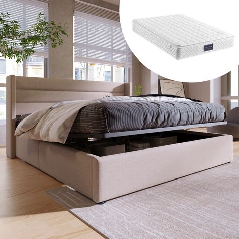 Cama doble hidráulica beige de 160 x 200 cm con somier de láminas de madera y espacio de almacenamiento, para niños y adultos (con colchón). (1/5)
