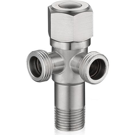 1 robinet d'équerre universel 1/2" avec 2 sorties - Raccord d'eau - Valve d'angle - Double valve en acier inoxydable pour filetage mural 1/2"