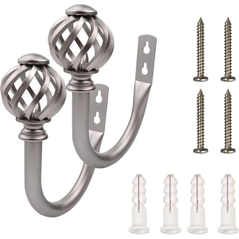 Set mit 2 Vorhangbindern – Haken – Verschlüssen – Raffhaltern – Halterungen für Gardinenvorhänge, silbernes Wandmetall (1/5)