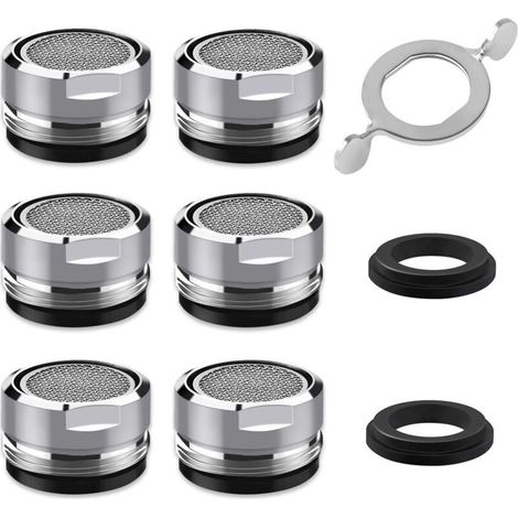 Mousseur Robinet M24, 6 Pièces Aerateur Robinet Economie Eau Avec Filtre en Acier Inoxydable et ABS, comprendre 8 joints et 1 clé à Mousseur chromée pour Robinet Lavabo de Salle de Bain et Cuisine..DE (1/5)