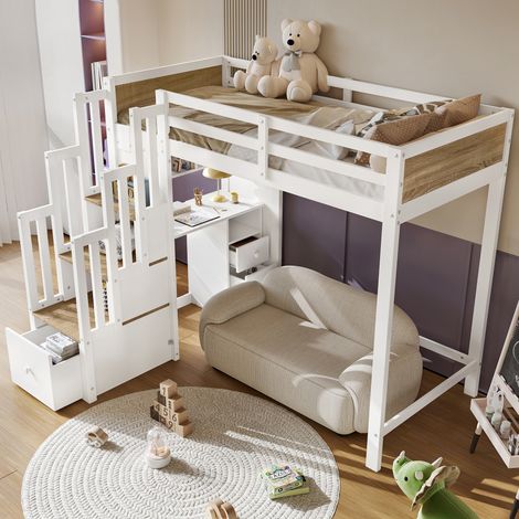 Lit mezzanine enfant 90x200 cm avec bureau intégré, lit mi-hauteur en bois avec escalier, tiroirs, rangements et étagère suspendue, blanc et naturel (1/5)
