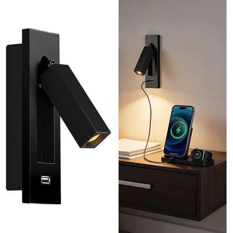 Lámpara de lectura de pared con interruptor, puerto USB, ajustable, foco empotrable, para dormitorio, color negro. (1/5)