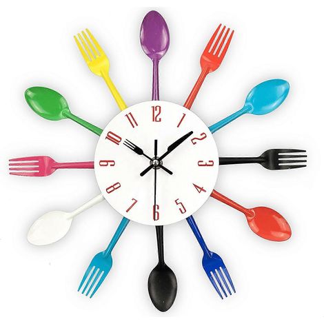 Horloge murale de cuisine 3D amovible, motif couverts modernes et créatifs (cuillère et fourchette), miroir, autocollant mural, décoration pour la maison (coloré) (1/5)