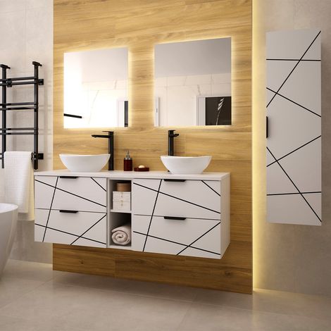 Doppelwaschtisch und Hängesäule 140cm Teren mit 4 Schubladen, Weiß (1/5)