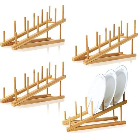 4 Pièces Egouttoir Vaisselle Bois, Support de Bambou pour Assiettes, 5 Compartiments Rangement Cuisine Egouttoir en Bambou pour Ranger des Assiettes, des Livres, des Verres à Vin (1/5)