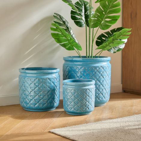 Ensemble de 3 pots de fleur plantation en céramique bleu ciel (1/5)