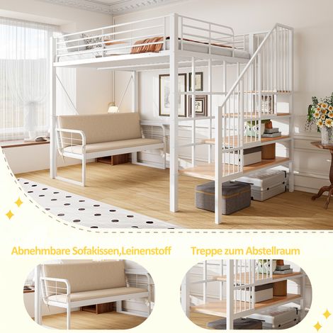 Lit superposé 140x200 cm, cadre en métal robuste, mezzanine avec canapé rembourré amovible, rangement intégré et échelle de sécurité. Idéal enfant, ado et adulte – Blanc (1/5)