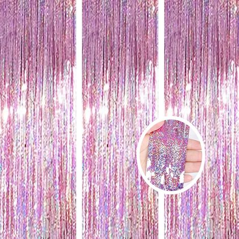 Pack de 3 Rideaux Laser Rose 1x2m Rideaux Métalliques à Franges pour Fenêtre et Porte, Décoration de Fête (1/5)