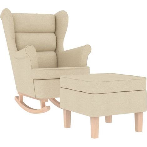 Un fauteuil à bascule avec repose-pieds, en tissu beige. (1/5)