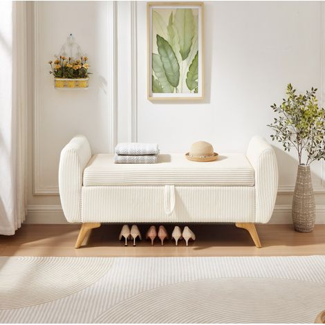 Banco plegable de pana con almacenaje y patas de madera, 145 x 51 x 45 cm, beige (1/5)