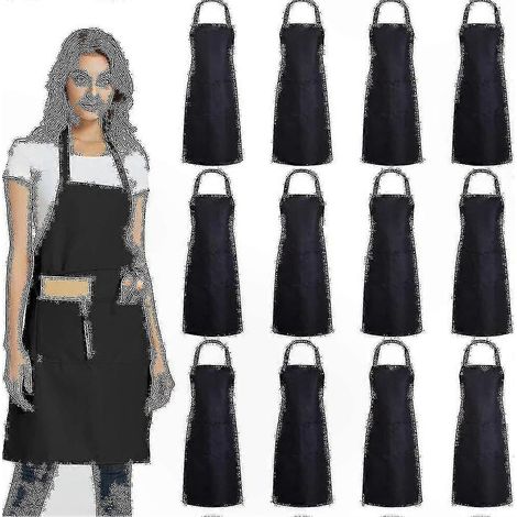 Set mit 12 schwarzen Unisex-Schürzen mit Taschen – Professionelle Küchenbekleidung, Restaurant-Arbeitsschürze, Kochausrüstung, ohne Wappen, Einheitsgröße (1/4)