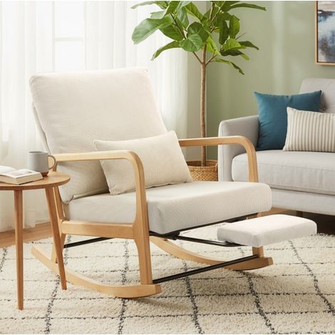 Sillón mecedora con reposapiés, respaldo reclinable de 3 posiciones, cojín lumbar, crema HAVRYA (1/3)