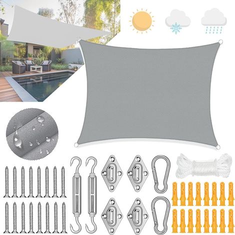 Voile d'ombrage rectangulaire 2 x 3 m imperméable avec œillets et kit de fixation UV 98% pour jardin, terrasse, camping (1/5)