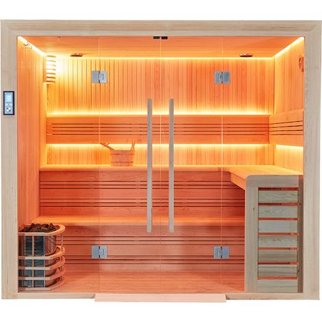 Sauna traditionnel 6/7 places – Dimensions 240 × 200 × 210H cm – Poêle Harvia 9 kW – Isolation renforcée pour efficacité énergétique – Boreal