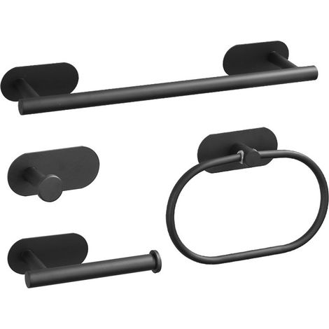 Ensemble de meubles de salle de bain 4 pièces sans perçage, porte-rouleau de papier toilette en acier inoxydable noir de 40 cm et 2 crochets pour peignoir (1/4)