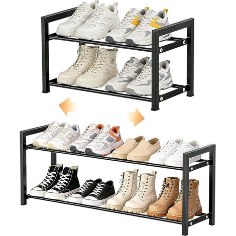 Étagère à chaussures extensible étroite - 2 niveaux en métal réglable de 45 à 80 cm - Étagère à chaussures peu encombrante pour entrée, couloir et buanderie - Noir (1/5)