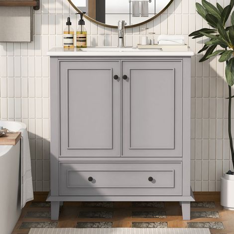 Armoire de salle de bain Armoire de salle bain en et lavabo céramique table toilette bois massif laque étanche à l'eau au sol gris taille 76x46x87cm avec couleur pour style (1/5)