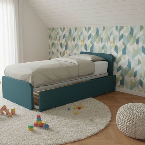 Letto singolo con letto estraibile, trasformabile in matrimoniale. Testate personalizzabili, reti in acciaio e doghe in faggio - Verde Petrolio