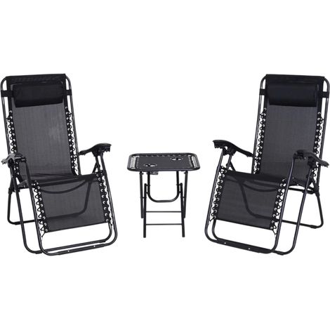 SET 2 POLTRONE RELAX PIEGHEVOLI CON TAVOLINO IN ACCIAIO NERO E TEXTILENE NERO (1/5)