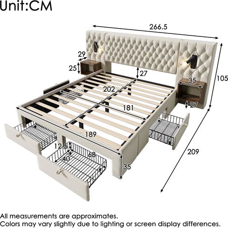 Ensemble de lit complet pour chambre à coucher, lit double capitonné 180×200 cm avec 2 tables de chevet et 4 tiroirs, lampe de lecture de tête de lit avec fonction de chargement USB, beige, velours (s (1/5)