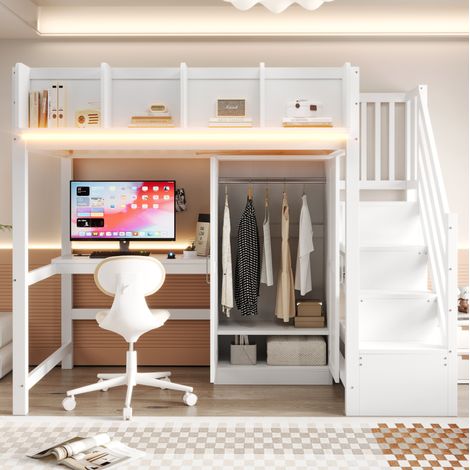 Letto a soppalco 252.5x95x170 cm con scrivania, armadio, scale contenitore, illuminazione LED, legno bianco (1/5)