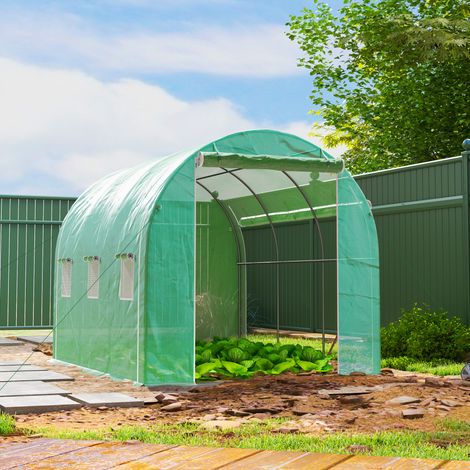Tunnelgewächshaus 296 x 196 x 200 cm, Gartengewächshaus mit 3 Türen und 6 Fenstern, verzinkter Stahlrahmen, grün