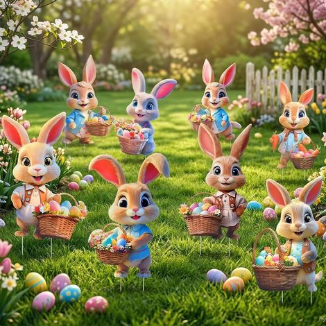 Easter Bunny Garden Stakes, 8 Pieces, Easter Decoration, Advertising Signs, Vintage Easter Egg Garden Signs, Easter Decoration, Easter Egg Hunt, Spring Decoration, Outdoor (1/5)