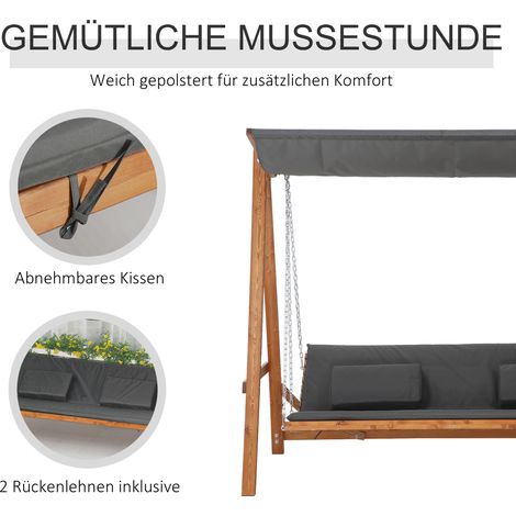 Balançoire de jardin 3 places avec fonction lit, hamac à baldaquin en pin gris et teck, dimensions 225,5x113x180 cm, pour terrasse et extérieur (1/5)