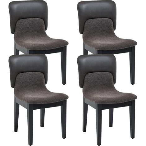 Lot de 4 chaises de salle à manger, assise patchwork chenille, dossier simili cuir, pieds bois, gris (1/5)