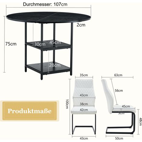 Conjunto de mesa redonda de 107 cm con 4 sillas, MDF y metal, estilo industrial, negro y blanco (1/5)