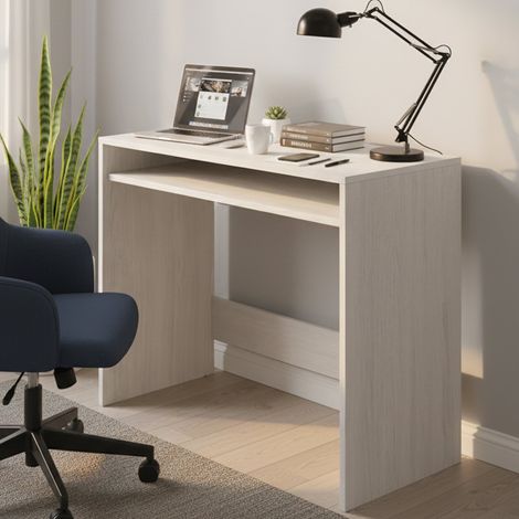 Dmora Escritorio Portland, Escritorio lineal con balda fija, Mesa de estudio u oficina para PC, cm 79x43h87, Efecto madera blanca, con embalaje reforzado (1/5)