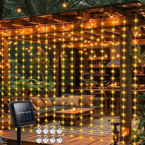 Guirlande lumineuse solaire de 2,4 m x 1,8 m, 144 LED pour extérieur, étanche, avec minuterie, 8 modes pour jardin, patio, clôture, pergola, décoration (blanc chaud) (1/5)