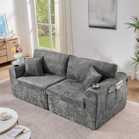 Canapé 2 places 2-seater 140x cm gris en chenille avec USB, poche latérale, porte-gobelet et coussins (1/5)