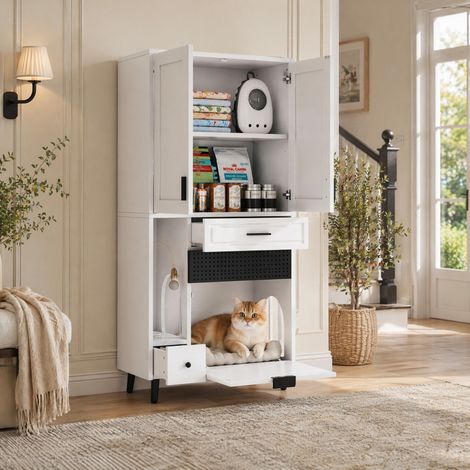 Meuble rangement avec niche chat 80x40x161 cm blanc OKMYHOME (1/5)