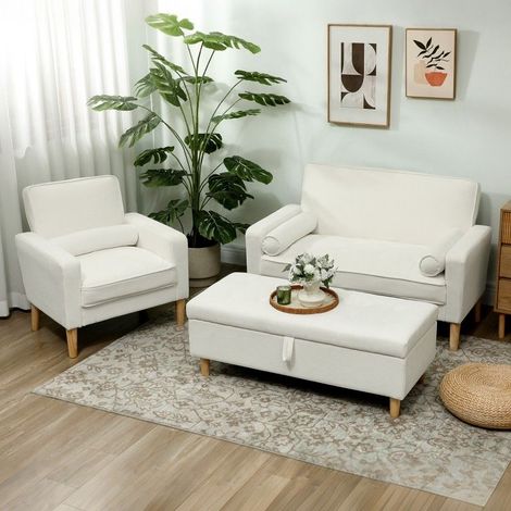 Canapé 2 places en tissu crème, assise rembourrée avec ressorts, pieds en bois d'hévéa, 130 x 74,5 x 82 cm (1/5)