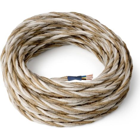 Amarcords - Cavo elettrico tessile colore FIENO, trecciato, juta, 10 metri, con messa a terra 3x0,75mm - Filo rivestito in tessuto colorato vintage per lampade lampadari applique e abat jour. (1/4)