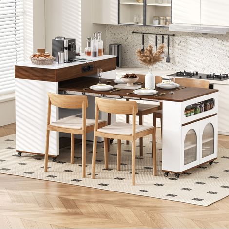 Tavolo allungabile in MDF bianco e noce con ruote e prese integrate, 50,5-187,5x110,5x95,5 cm (1/5)