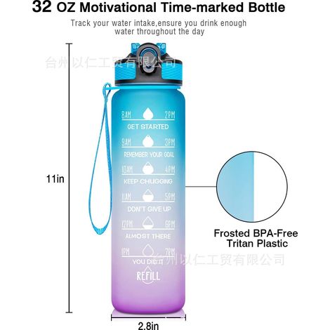 Bouteille d'eau Bouteille d'eau avec paille et marqueur de temps d'excitation, bouteille de sport en plastique imperméable, camping, randonnée Dégradé bleu et violet 7,127,9cm Une pièce (1/4)