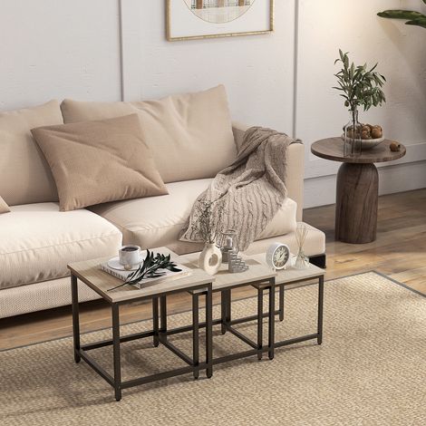 Satztische 3er-Set aus Stahl und Spanplatte in Holzoptik Natur, quadratisch, 45x45x44 cm