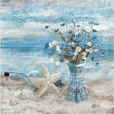 Tableau Peinture Murale Toile - Fleurs De Pâquerette Et Plage Bleue - 35 x 35 cm - Cadre En Bois - Prêt À Accrocher - 1 Pièce (1/5)