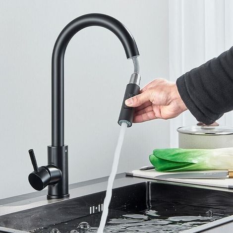 Black Kitchen Faucet with Pull Out Sprayer, 360° Swivel Spring Tap - Kitchen Faucet with 2 Spray Modes MUMU