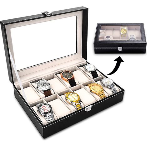 Boîte à Montres, Boite de Rangement, Présentoir Montres, Coffret à Montres, 12 Grilles, Noir/Beige (1/5)