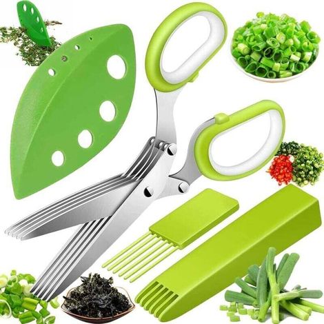 Ciseaux à Herbes, Ciseau de Cuisine à 5 Lames en Acier Inoxydable avec Couvercle de Sécurité pour Hacher Herbes Aromatiques, Ciseaux Cuisine pour Herbes Aromatiques, Ciboulette, Persil (1/4)