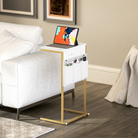Table d'appoint effet marbre avec chargeur USB et espace de rangement, 25,5 x 40 x 71 cm, blanc et or