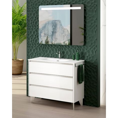 Mueble Baño al Suelo con Lavabo Cerámico  3 Cajones Cierre Amortiguado y Organizador  60 cm Blanco Brillo Tirador Cromo (1/5)