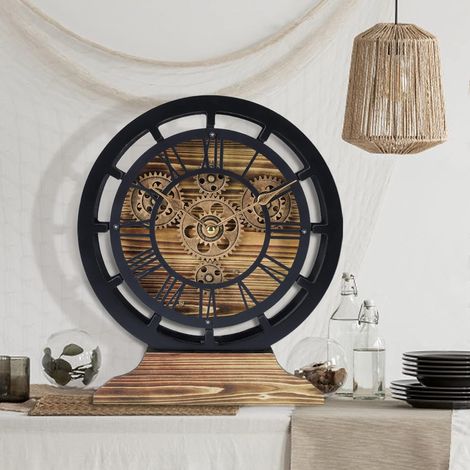 Pendule de Bureau avec Engrenages Mobiles, Bois Industrielle Vintage Noire, Transformable en Horloge Murale, Retro Chiffres Romains pour Etagere Table Salon Bar 29cm (1/5)