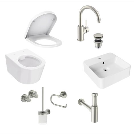 Kit de salle de bain pour invités 8 pièces en acier inoxydable – WC mural avec abattant WC avec système d'abaissement automatique, lavabo, robinet économique, siphon et kit (1/5)