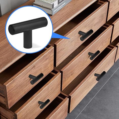15 Pcs Poignée d'Armoire en T avec 15 Vis, Poignée de Porte en Forme de T, Boutons de Tiroir en Acier Inoxydable, Petit Bouton de Meuble Laqué, pour Cuisine Salle de Bain Bureau, Noir