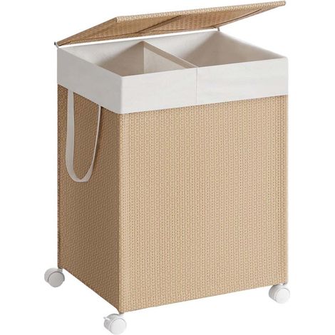 Cesto para ropa sucia 2 compartimentos 100 litros cesto clasificador con ruedas tapa bolsa con asas imitación mimbre para lavadero baño beige 120006080